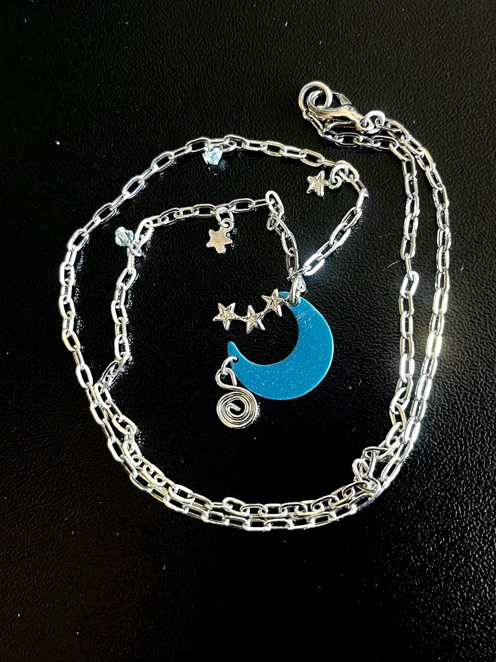 Silver Chain Blue Moon & Stars Pendant Choker Necklace